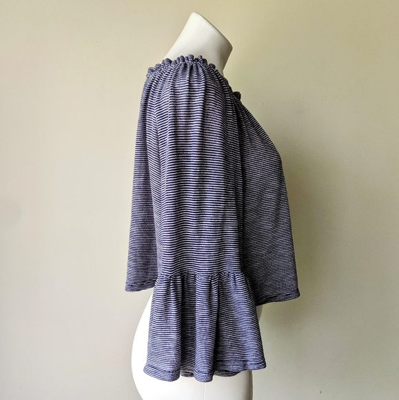 🌼 Vintage Havana Navy Stripe Ruffled Off the Shoulder Top S - Picture 5 of 6